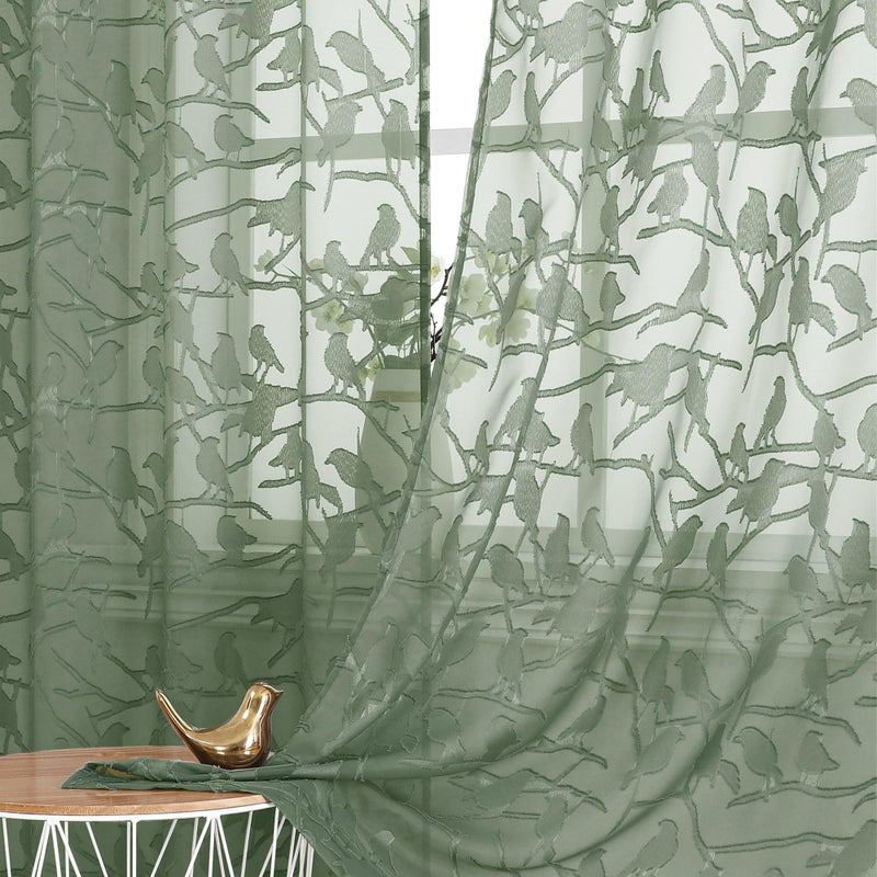 OVZME Anji Sheer Sage Green Curtains 63 Inches Long  Light & Airy Privacy Textured Sheer Drapes  Dual Rod Pocket Voile Clipped Birds Luxury Panels for Kid Bedroom Living Room  38 x 63 inch  Set of 2 - Image 5